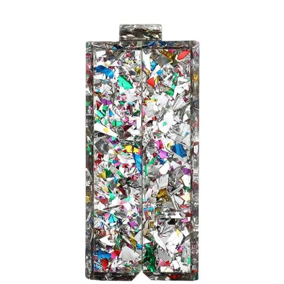 Abstract Silver Confetti Hard Case Clutch Bag Box Purse Crossbody Chain Multi - Picture 5 of 11